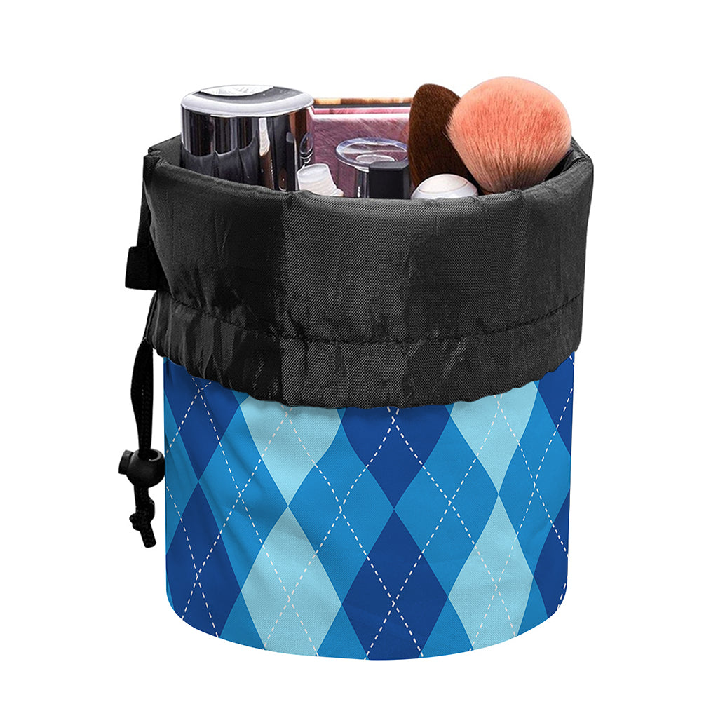Blue Argyle Pattern Print Drawstring Makeup Bag