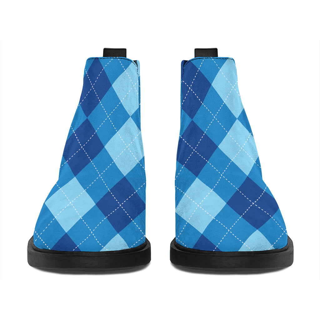 Blue Argyle Pattern Print Flat Ankle Boots