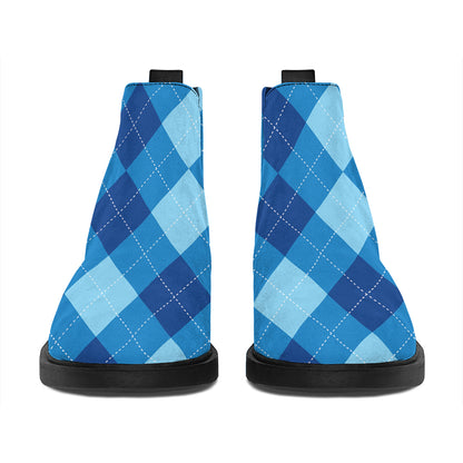 Blue Argyle Pattern Print Flat Ankle Boots