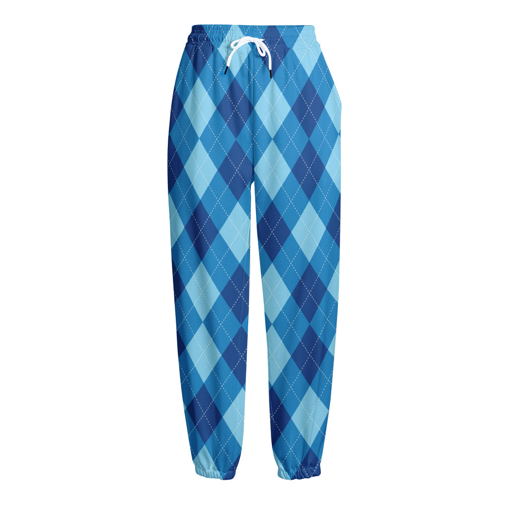 Blue Argyle Pattern Print Fleece Lined Knit Pants