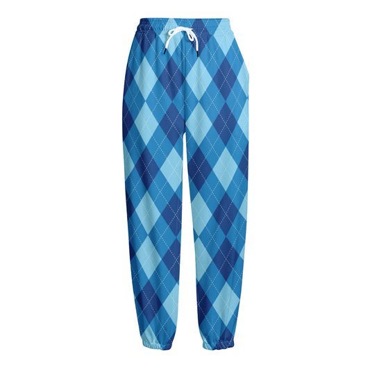 Blue Argyle Pattern Print Fleece Lined Knit Pants
