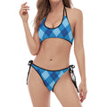 Blue Argyle Pattern Print Halter Scoop Tie Side Bikini