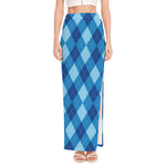 Blue Argyle Pattern Print High Slit Maxi Skirt