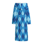 Blue Argyle Pattern Print Hooded Bathrobe