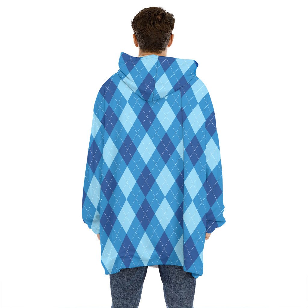Blue Argyle Pattern Print Hoodie Blanket
