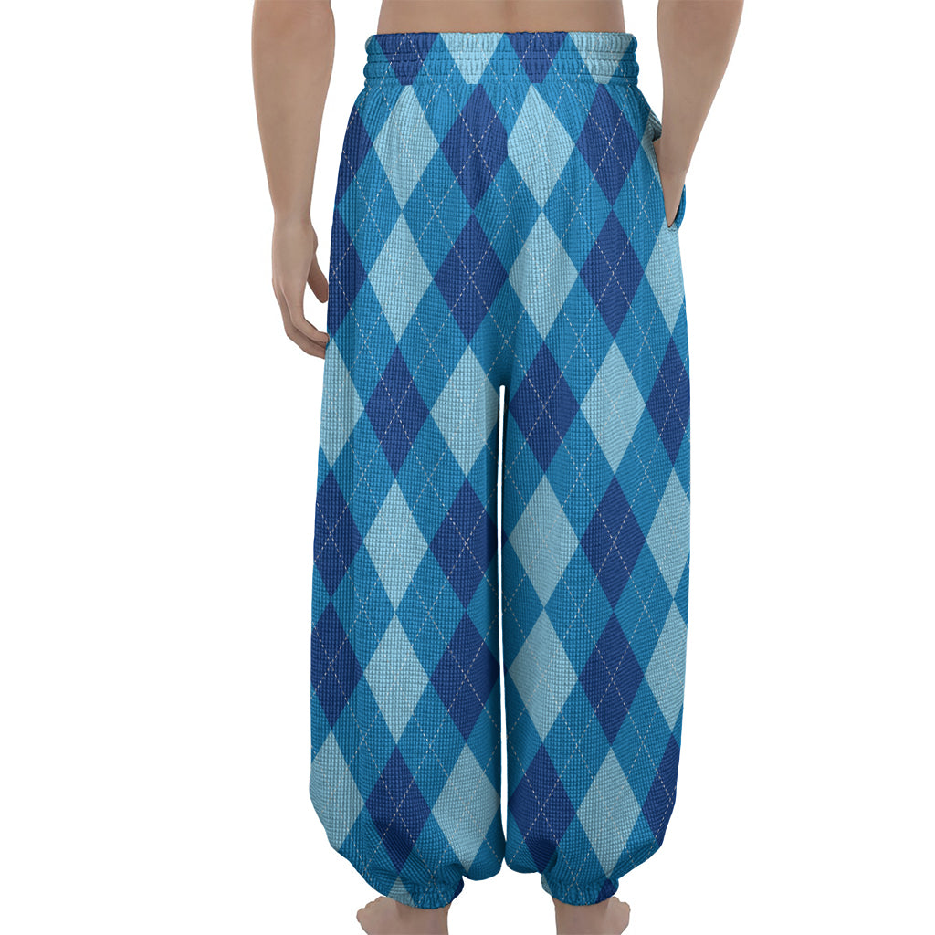 Blue Argyle Pattern Print Lantern Pants