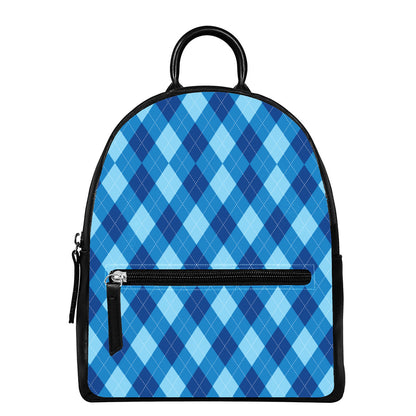 Blue Argyle Pattern Print Leather Backpack