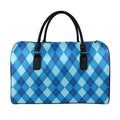 Blue Argyle Pattern Print Leather Duffel Bag