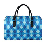Blue Argyle Pattern Print Leather Duffle Bag