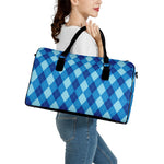 Blue Argyle Pattern Print Leather Duffle Bag