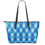 Blue Argyle Pattern Print Leather Tote Bag