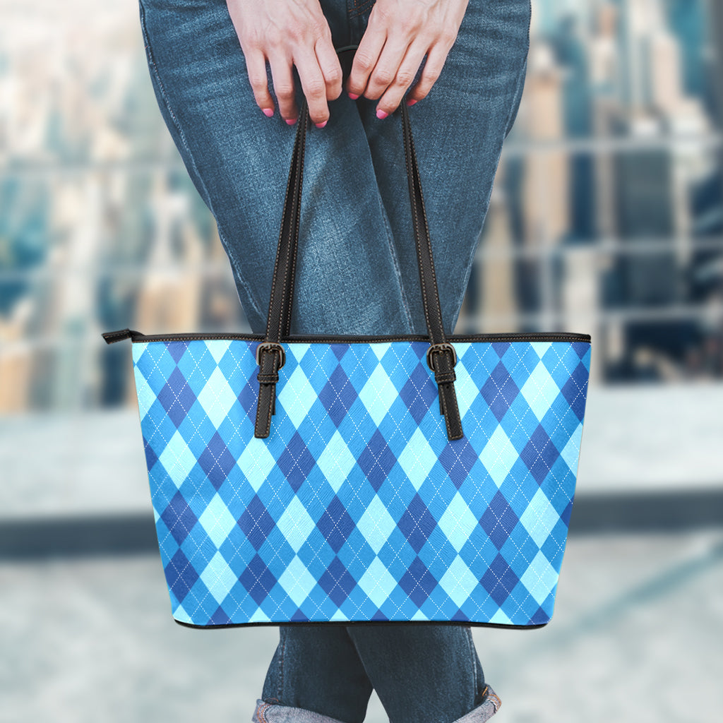 Blue Argyle Pattern Print Leather Tote Bag