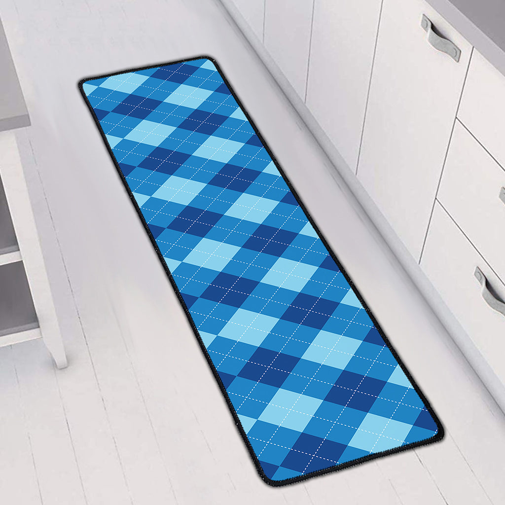 Blue Argyle Pattern Print Long Kitchen Mat