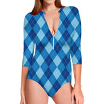 Blue Argyle Pattern Print Long Sleeve Swimsuit