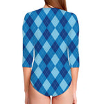 Blue Argyle Pattern Print Long Sleeve Swimsuit