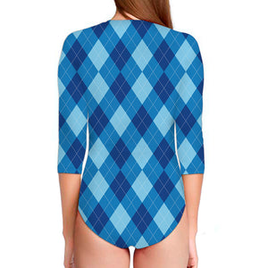 Blue Argyle Pattern Print Long Sleeve Swimsuit