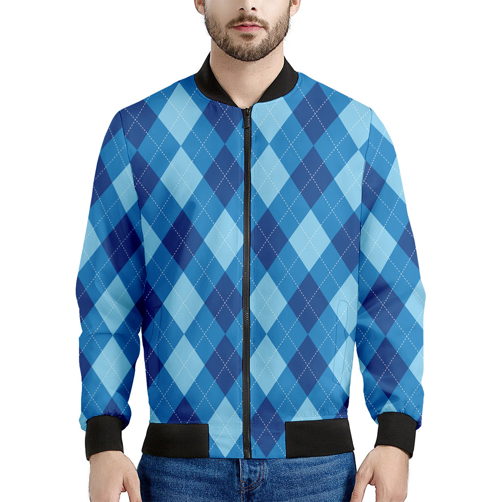 Blue Argyle Pattern Print Men's Bomber Jacket