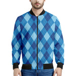 Blue Argyle Pattern Print Men's Bomber Jacket