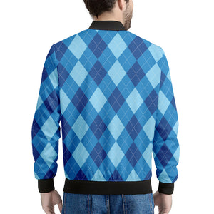 Blue Argyle Pattern Print Men's Bomber Jacket