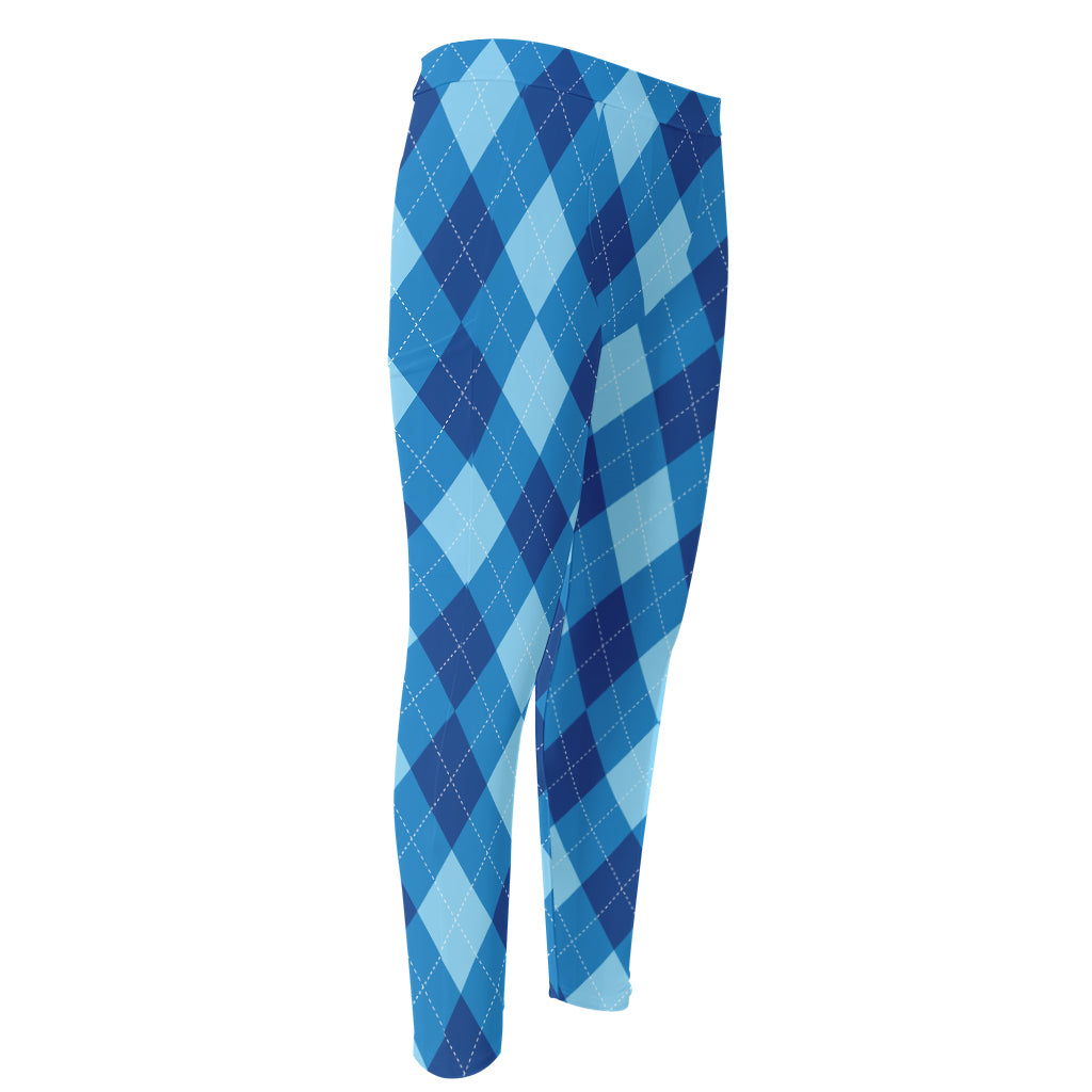 Blue Argyle Pattern Print Men's Compression Pants