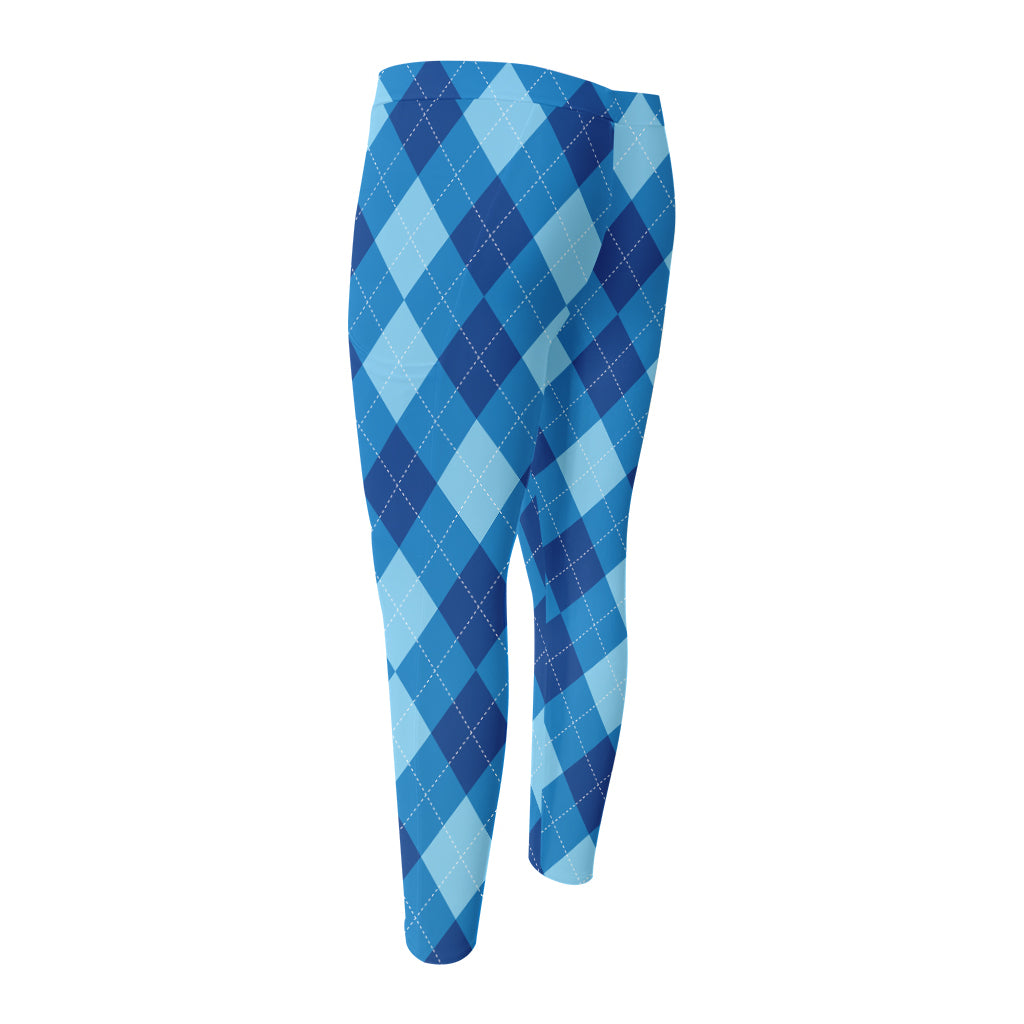 Blue Argyle Pattern Print Men's Compression Pants