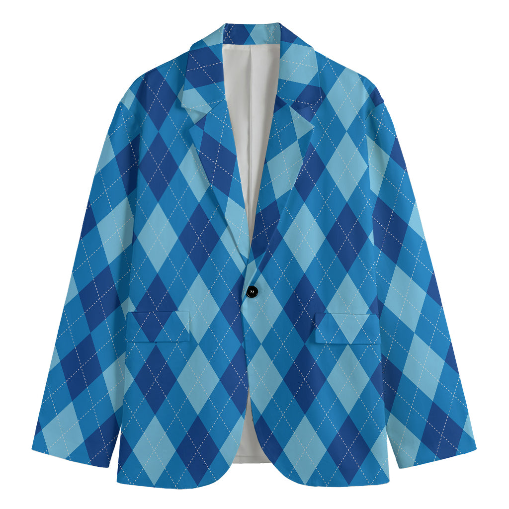 Blue Argyle Pattern Print Men's Cotton Blazer