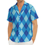 Blue Argyle Pattern Print Men's Deep V-Neck Shirt