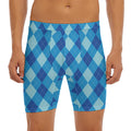 Blue Argyle Pattern Print Men's Long Boxer Briefs