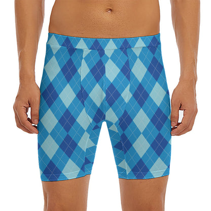 Blue Argyle Pattern Print Men's Long Boxer Briefs