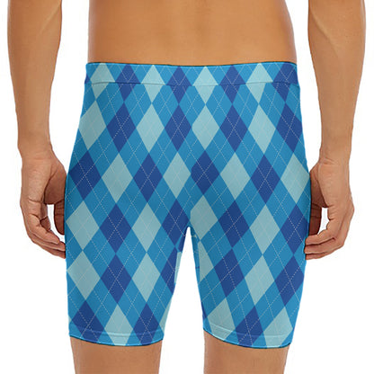 Blue Argyle Pattern Print Men's Long Boxer Briefs