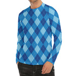 Blue Argyle Pattern Print Men's Long Sleeve Rash Guard