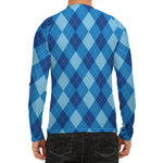 Blue Argyle Pattern Print Men's Long Sleeve Rash Guard