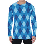 Blue Argyle Pattern Print Men's Long Sleeve T-Shirt