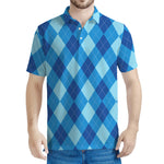 Blue Argyle Pattern Print Men's Polo Shirt