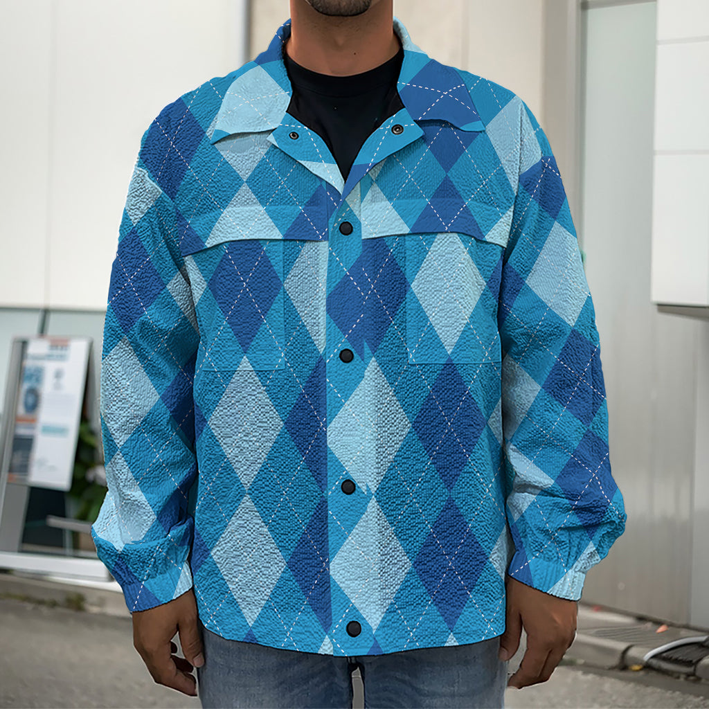 Blue Argyle Pattern Print Men's Shirt Jacket