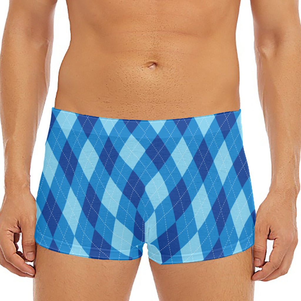 Blue Argyle Pattern Print Men's Short Boxer Briefs