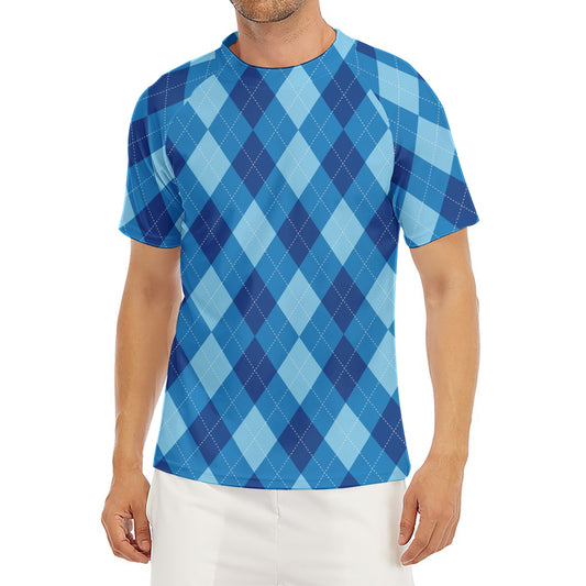 Blue Argyle Pattern Print Men's Short Sleeve Rash Guard
