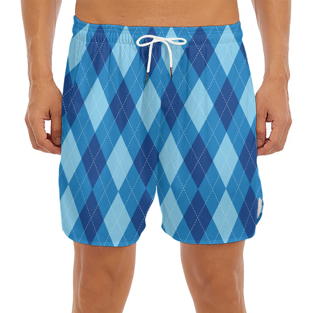 Blue Argyle Pattern Print Men's Split Running Shorts