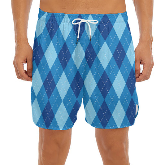 Blue Argyle Pattern Print Men's Split Running Shorts