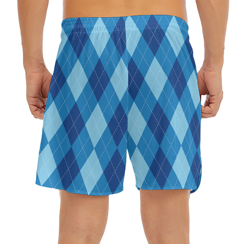 Blue Argyle Pattern Print Men's Split Running Shorts