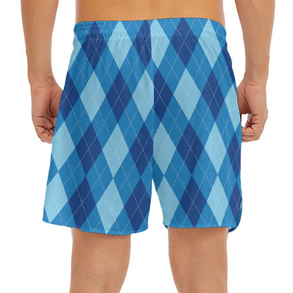 Blue Argyle Pattern Print Men's Split Running Shorts