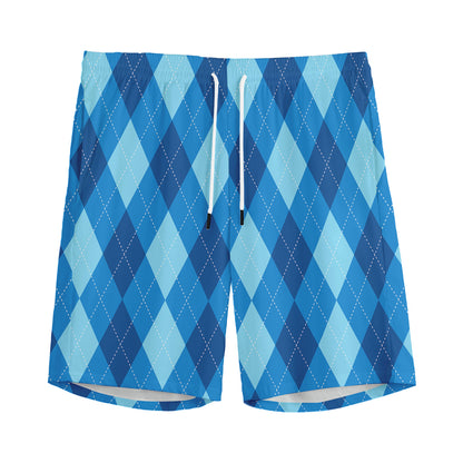 Blue Argyle Pattern Print Men's Sports Shorts
