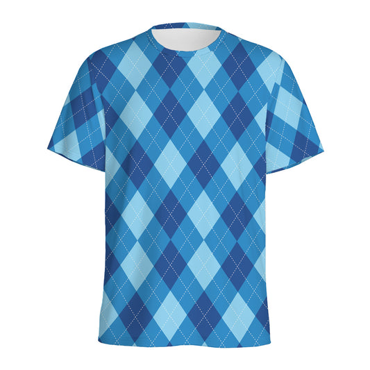 Blue Argyle Pattern Print Men's Sports T-Shirt