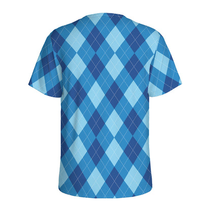 Blue Argyle Pattern Print Men's Sports T-Shirt