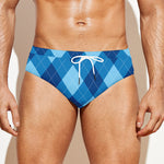 Blue Argyle Pattern Print Men's Swim Briefs