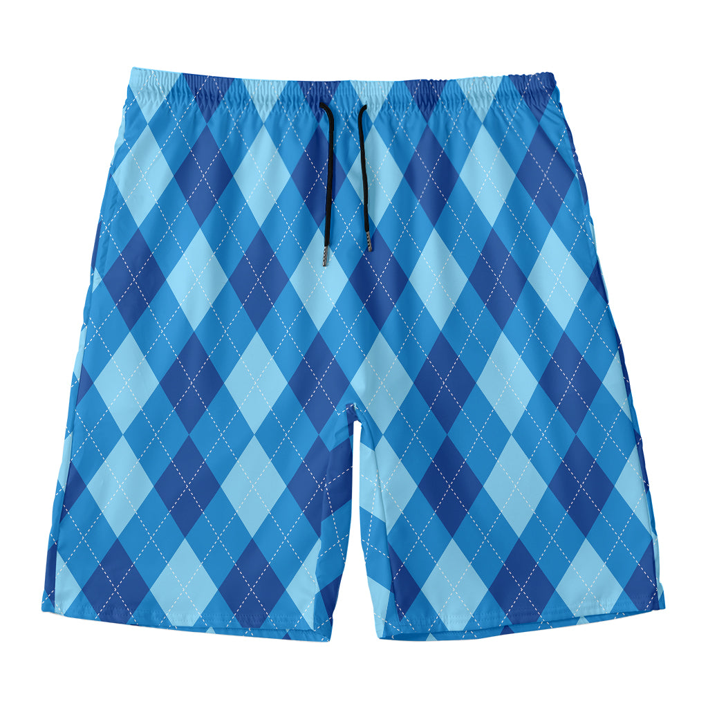 Blue Argyle Pattern Print Men's Swim Trunks