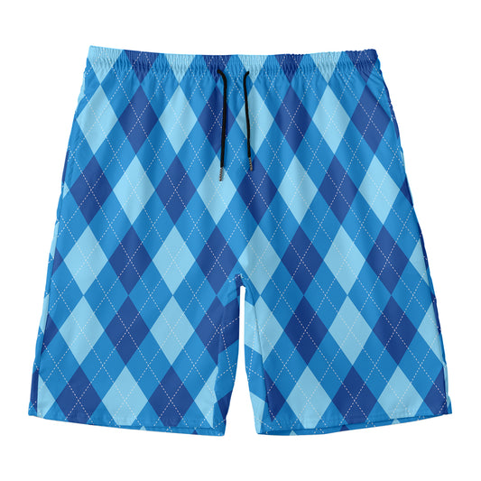 Blue Argyle Pattern Print Men's Swim Trunks