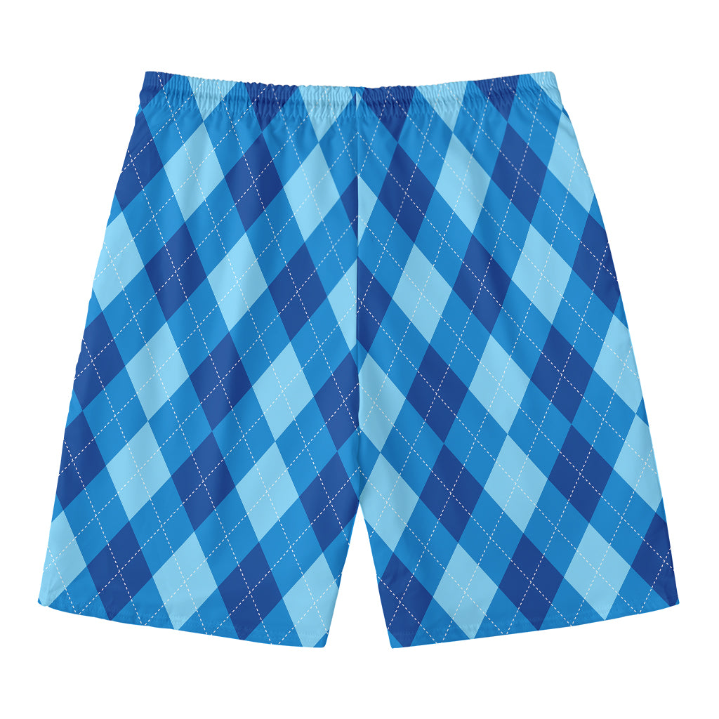 Blue Argyle Pattern Print Men's Swim Trunks