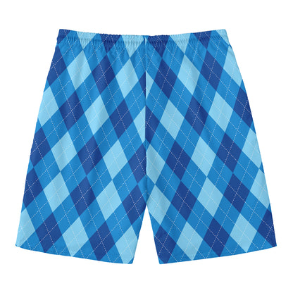 Blue Argyle Pattern Print Men's Swim Trunks