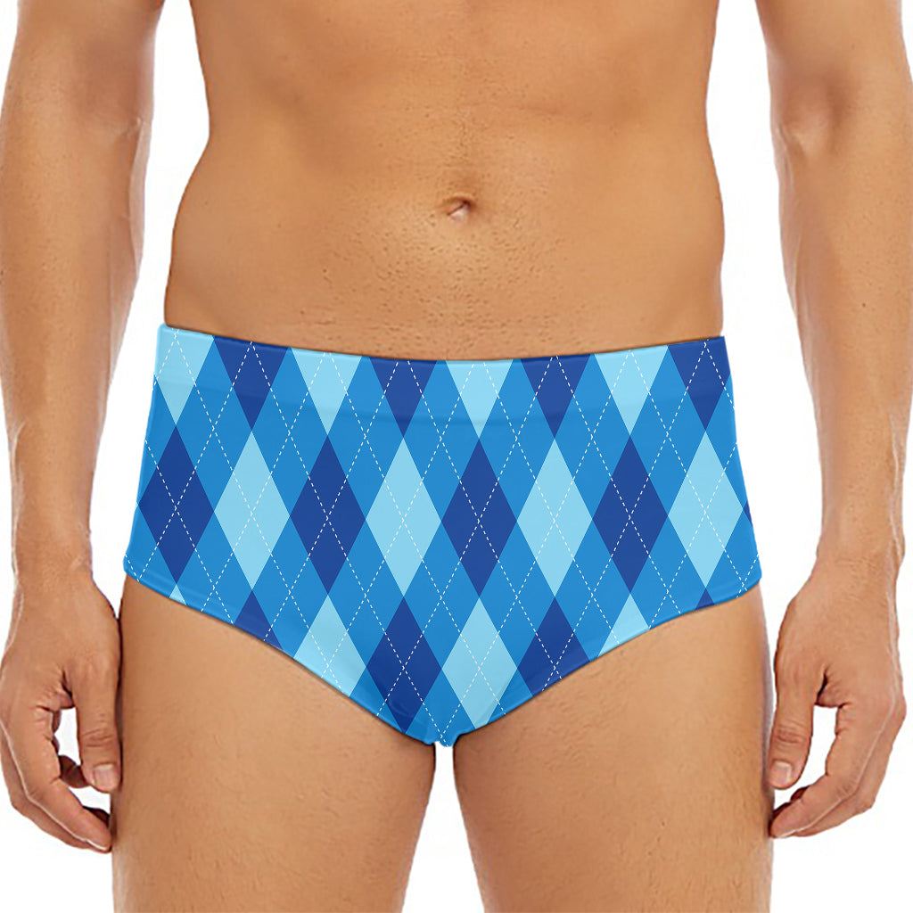 Blue Argyle Pattern Print Men's Triangle Swim Briefs